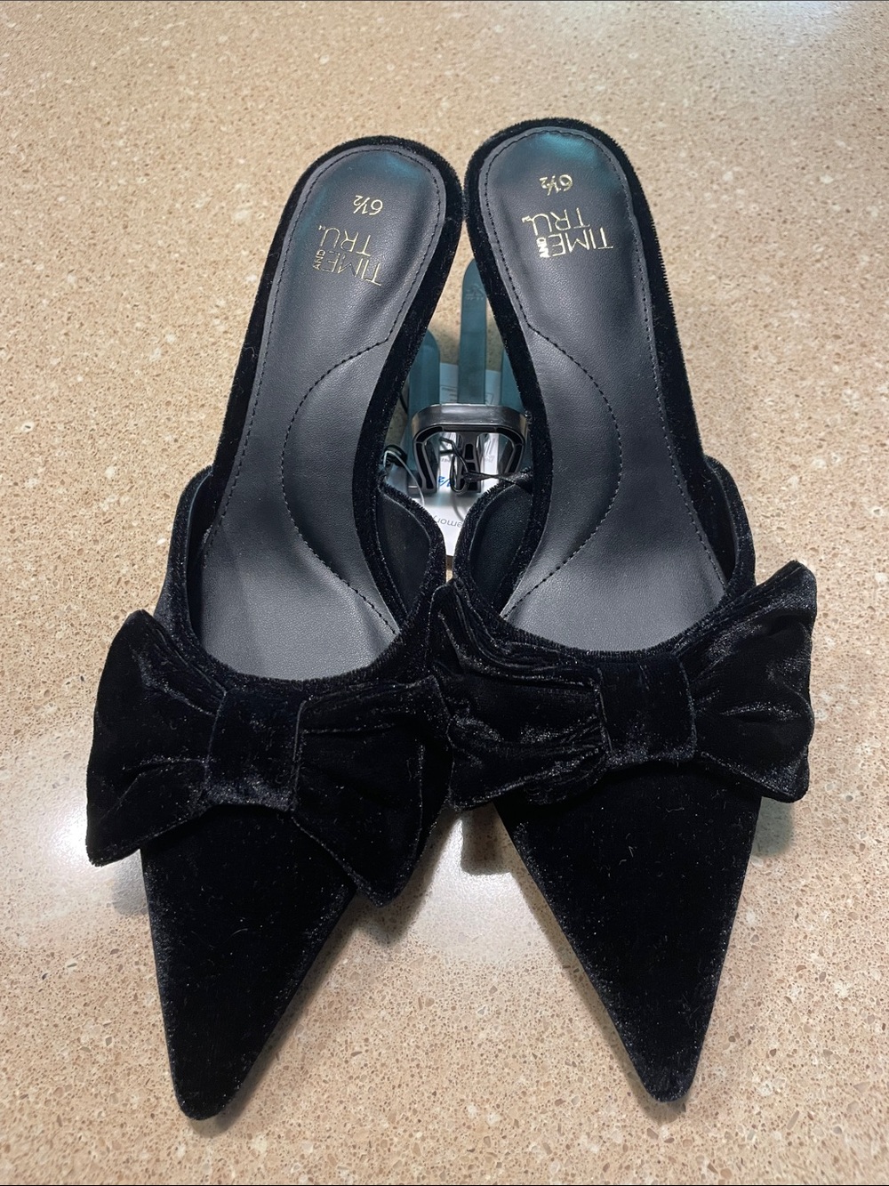 Time and Tru Black Velvet Pointed Bow Slip-On Mules